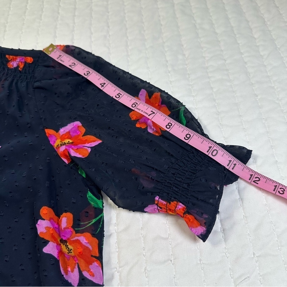 DKNY Party Floral Navy and Pink Flower Bow neck Ruffle Sheer Sleeves Mini Dress - Picture 6 of 16